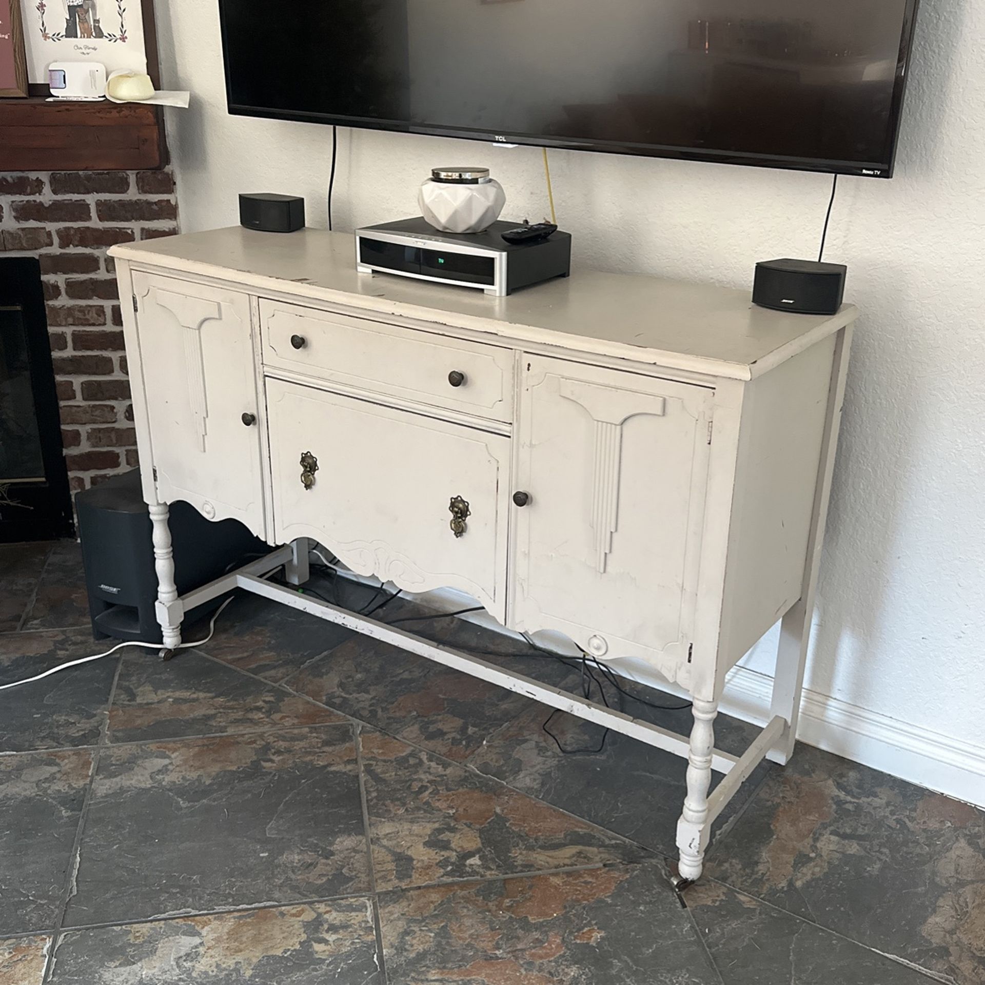 White/ Reclaimed Wood Tv / Media Stand / Console | Buffet Table / Vintage/ Antique