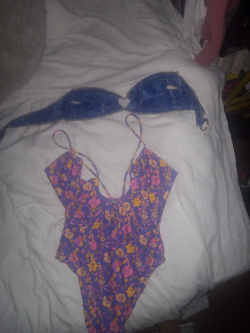 One Piece Flower Bathing Suit & One Bikini Top - Size Small