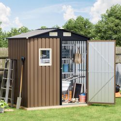 6x4FT Outdoor Steel Storage Shed, Lockable Doors, Compact Metal Tool Shed for Garden, Backyard, Patio, Utility, and Bike Storage,Brown