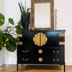 Hollywood Regency Chinoiserie Black Lacquer and Brass Sideboard Credenza, Newly Refinished