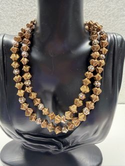 Vintage Style Double Strand Gold Tone Bead Necklace with Crystal Accents G-11