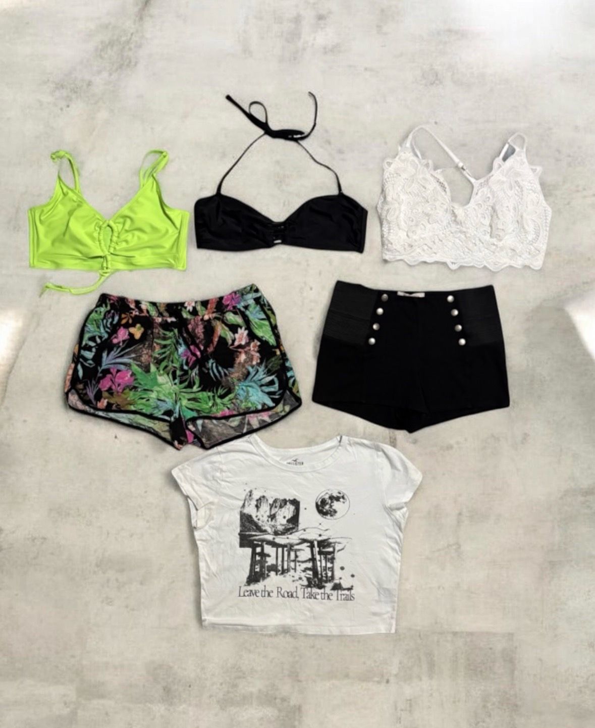 Bundle of Summer bralettes, bikini tops, casual shorts, & graphic crop top sz L