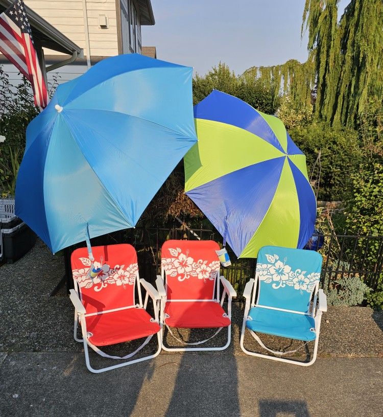 3 Beach, Camping, or Concert Chairs & 2 Beach Umbrellas