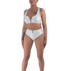 White Iridescent High Waist Two Piece Swimsuit Bikini 