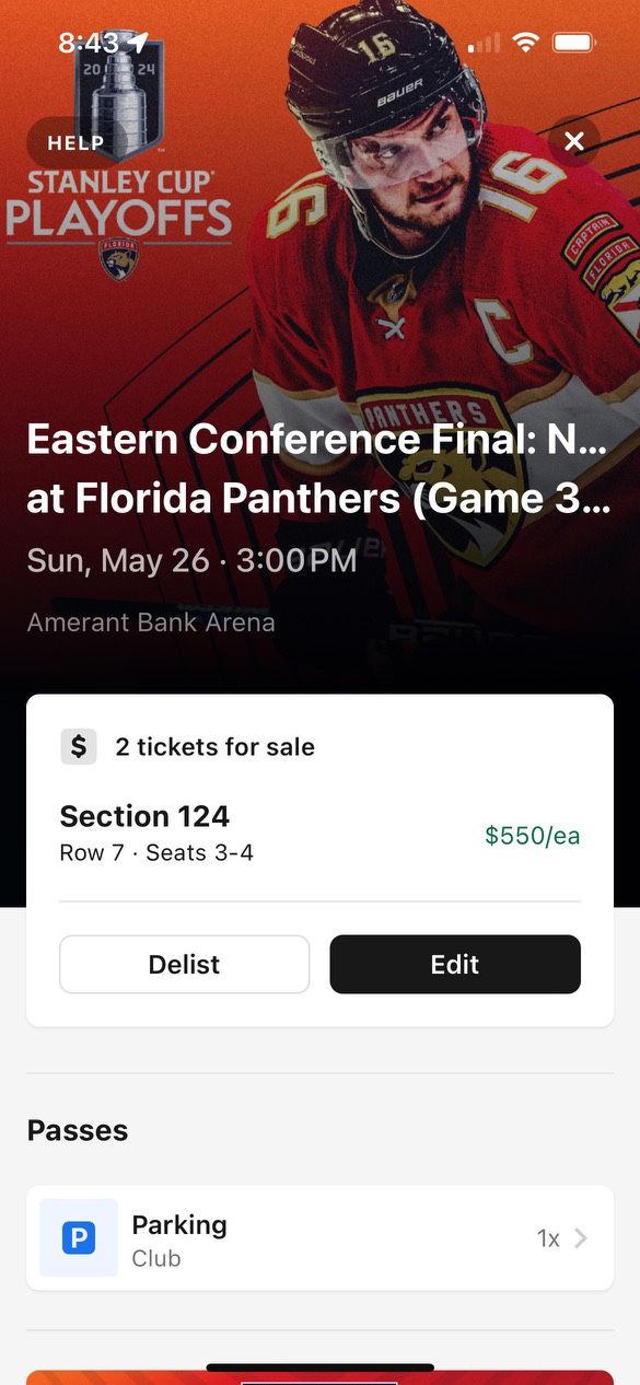 Game 3 - NY Rangers vs FL Panthers, 2 Tickets & Club Parking For May 26 At 3pm