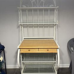 Cast Iron And Wood Hutch Stand With Glass Shelves