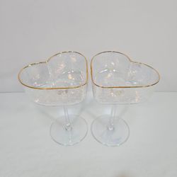Iridescent Heart Shaped Cocktail Glasses Gold Rim Coupe Goblets Set of 2