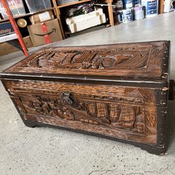 $50 Chinese Asian Antique Vintage Hand Carved Wood Treasure Chest Trunk