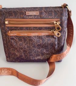 Calvin Klein CK Monogram Crossbody Bag Brown Tan Logo Strap Zip Pockets
