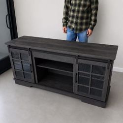 New In Box TV Entertainment Center Stand Barn Door Cabinet With Adjustable Shelf Fits Up To 65” Television Grayish Black Color 