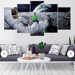 Astronaut Drinking Beer Canvas Print Moon Space Wall Art Decor Big Framed Poster Living Room Wall Art Decor Ready Framed Canvas Art Painting 
