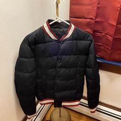 Zara Puffer Jacket Sz Medium Color Blue White And Red 