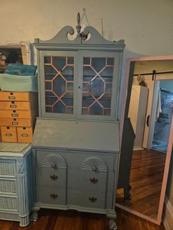 Antique Secretary Desk with Hutch Cabinet