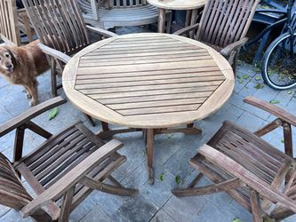 Folding teak chairs and  folding round table  Located in concord  Recently cleaned, sanded and teak oiled Teak wood is heavy and sturdy  No damages wh