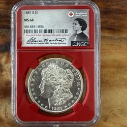 RARE 1881 S MS 64 Morgan Silver Dollar Signed Red Cross Edition. 