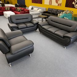 Black faux leather 3 piece sofa set | Sofa + Loveseat + Chair