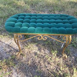Mid Century Velvet Bench Green And Gold Metal Stool