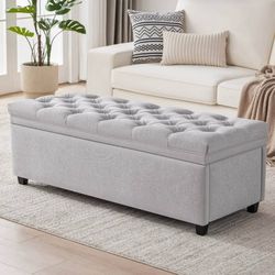 50-Inch Tufted Storage Ottoman Bench, Modern Entryway Bench, LightGray