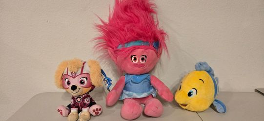Kids Character Plush Bundle Lot - Paw Patrol Mighty Pups Skye, DreamWorks Trolls Poppy, & Disney Little Mermaid Flounder