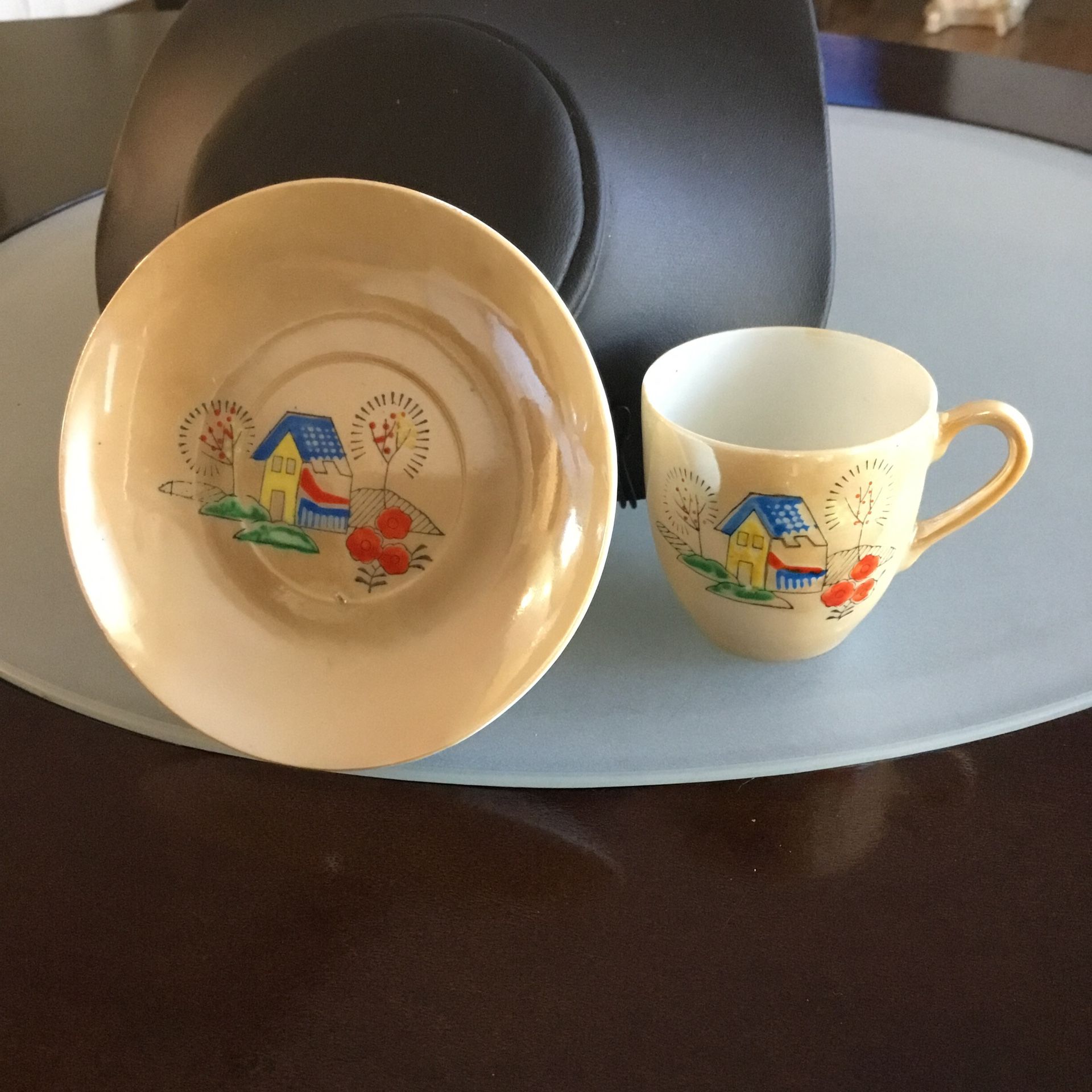 Lusterware Demitasse Cup & Saucer House Tree & Flower Scene Occupied Japan *Chip*