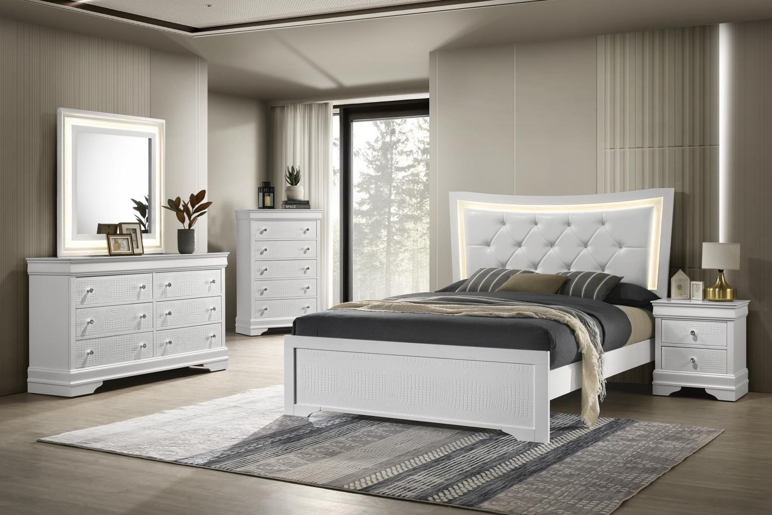 New Bedroom Set With Led Lights 💡; 1 LED Queen Bed, 1 Nightstand, 1 Dresser, 1 LED Mirror, 1 Chest! 5 Pc! Finance Here With No Credit Needed!