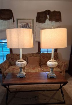 Pair of Glass Table Lamps with Brass and marble accents