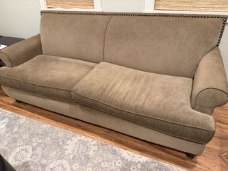 Pier 1 Carmen Sofa Taupe Brownish Fabric with Nailhead  Trim