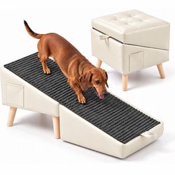 15" H Dog Ramp for Couch & Low Bed, 2-in-1 Pet Stairs for Small Dogs, Beige