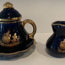 cobalt blue miniature tea pot & creamer. Limoges France. Vintage/Collectible