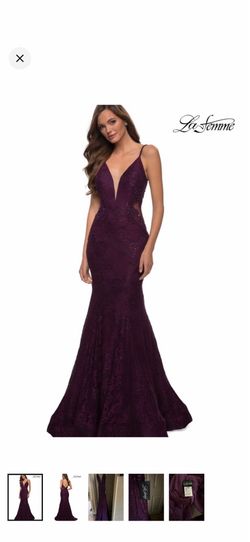 La Femme Lace Mermaid Gown - Dark Berry - 00