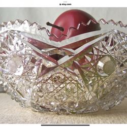 American Brilliant Cut Glass Bowl. Sawtooth Edge. Hobstar Pattern 