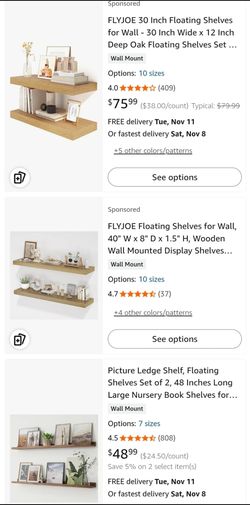 Assorted floating shelves 24", 30", 36", 48", & 56", each box has 1-2 pieces, $20/box or $30/2 boxes
