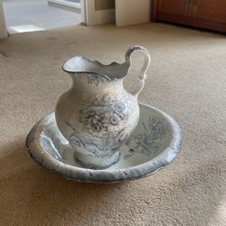Antique Porcelain Pitcher And Wash Basin Set With Floral Design