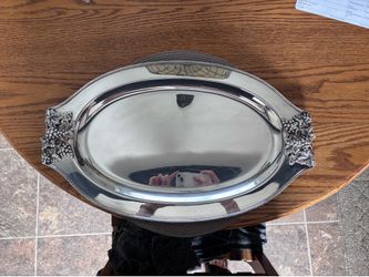 Vintage oval silver tray platter with fruit and leaf accents