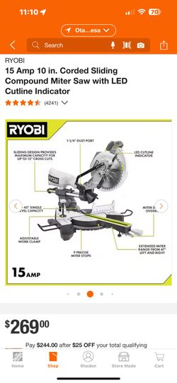 10" 15 amp  Corded Ryobi Miter Saw
