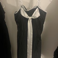 Mini Black Dress With White Pinstripes And Bow