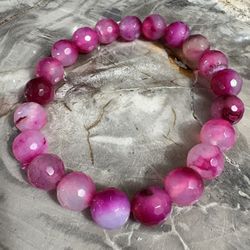 Faceted Pink Striped Agate Round Gemstone Stretch Bracelet