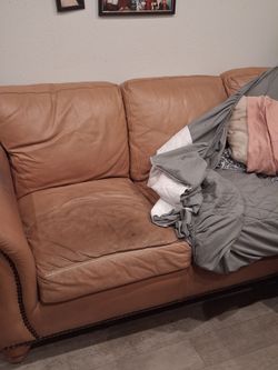 Tan Leather Sofa with Nailhead Trim