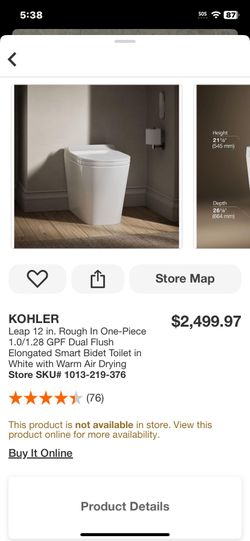 KOHLER Leap 12 in. Rough In One-Piece 1.0/1.28 GPF Dual Flush Elongated Smart Bidet Toilet in White with Warm Air Drying