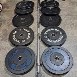 Olympic Size Rubber Coated Weights And Titan Fitness Barbell 