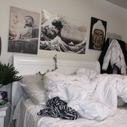 White Bedroom set sleigh Queen Bed Frame , Large Mirror , 1 Nightstand 