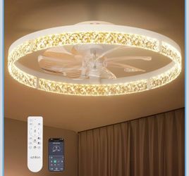 Ceiling Fans With Lights And Remote, 24'' Low Profile Flush Mount Ceiling Fan, 3000–6000K Dimmable LED Fandelier, Bladeless Crystal Fan Light For Bedr