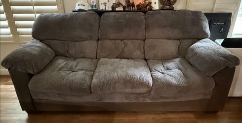 Gray Plush Sofa with Matching Ottoman