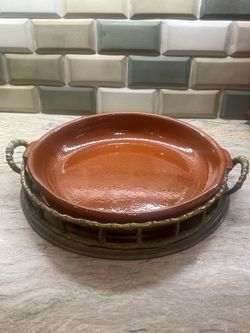 Vintage Brass Serving Tray Bamboo  Pottery Clay Serving  Insert Dish 