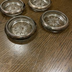 Vintage Italy Sunburst Coasters W&S Blackinton Silver Plate Cut Glass Set Of 4