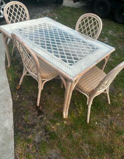Vintage Rattan Table Set With 4 Chairs & Glass Top