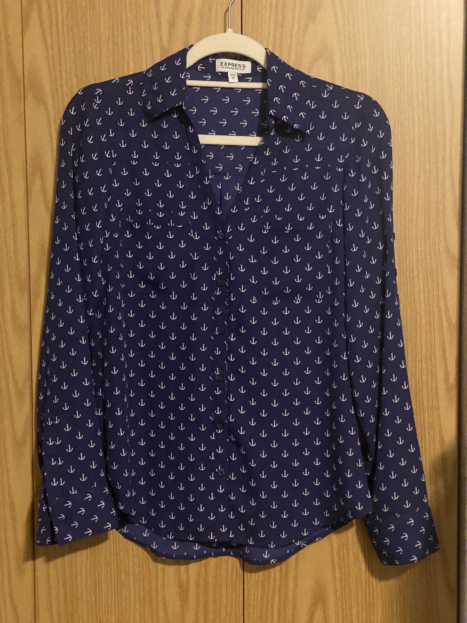 Express Portofino Shirt XS | Navy Blue Anchor Print | Nautical Button Down