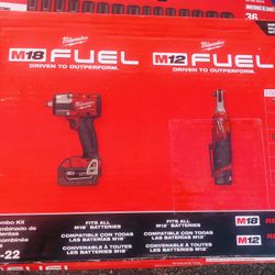 Milwaukee M18 FUEL 18V Cordless Mid Torque 1/2 in. Impact Wrench w/ M12 FUEL 3/8 in. Ratchet & Battery/Charger Combo Kit