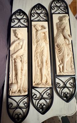 3 ROMAN GREEK GODDESS ON WROUGHT IRON PLAQUE