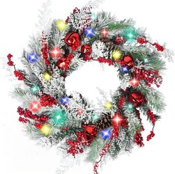 Christmas Wreath, 24 inch Front Door Christmas Wreath, Winter Eucalyptus Wreath with Frost Effect, Decorative Frozen Blueberries, Birch Leaves, Boxwoo
